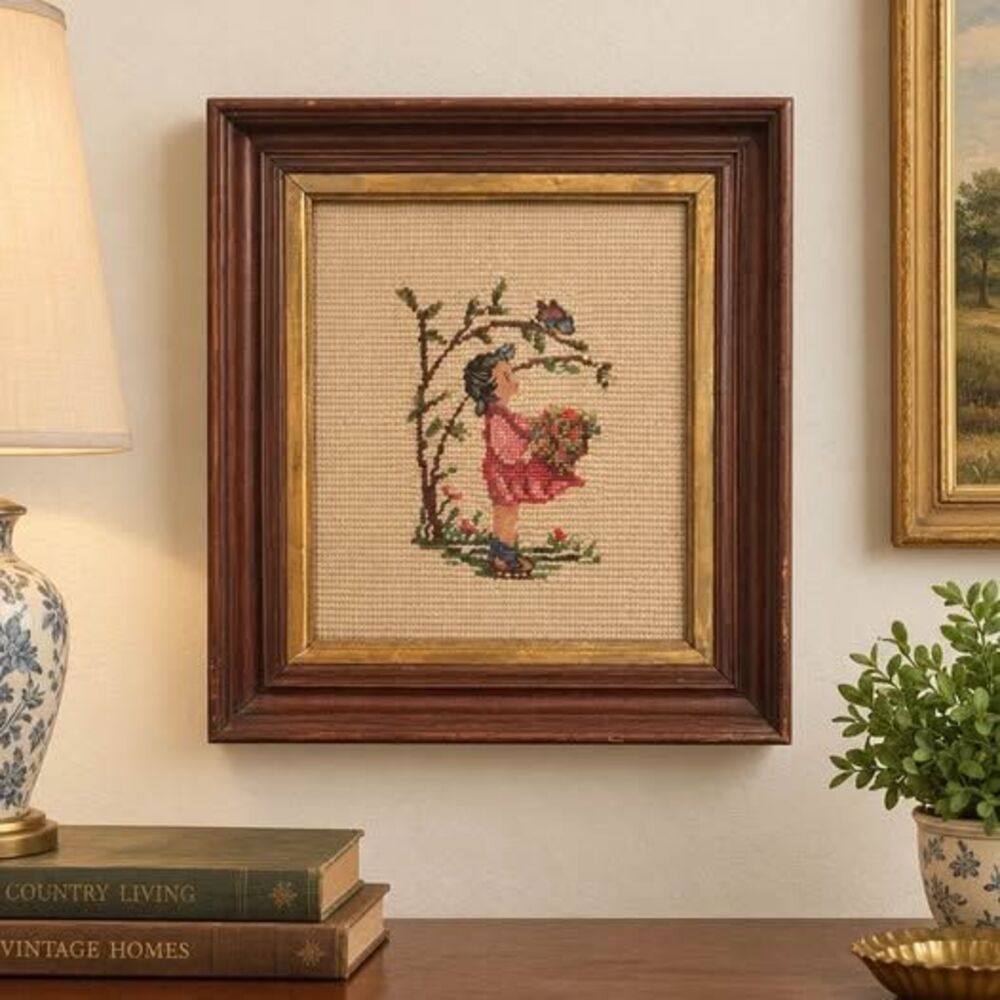 Antique Framed Needlepoint Girl with Flowers